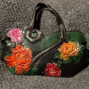 Floral Embossed Leather Handbag